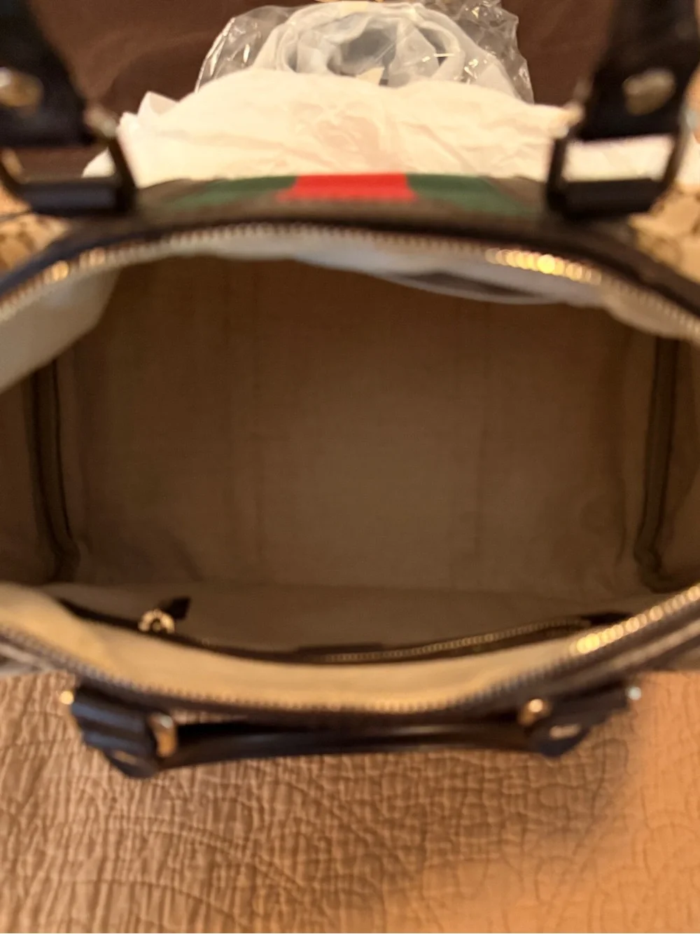 Gucci Brown GG Canvas Boston Tote with Green and Red Web
